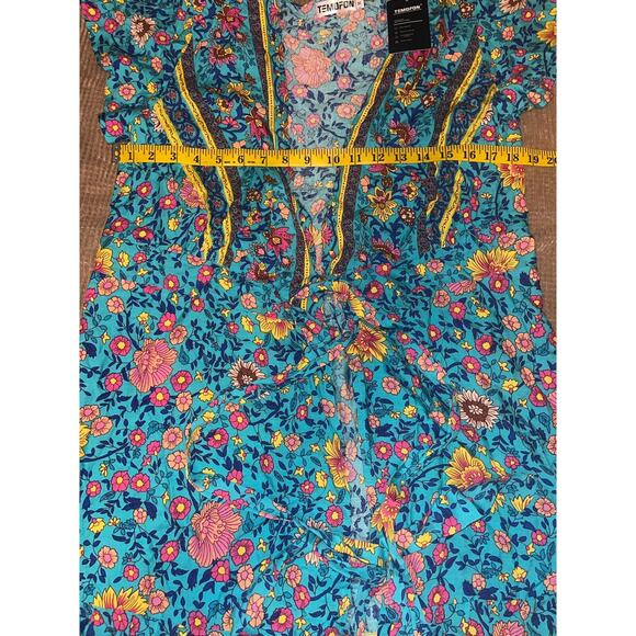 NWT Temofon Blue Pink Floral Rayon Boho MIDI Dress Medium - Picture 4 of 5